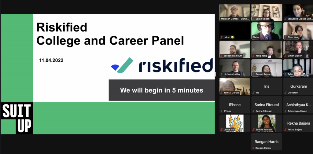 A screenshot of the virtual SuitUp panel with Riskified and student participants